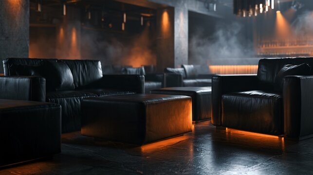 A contemporary black and orange Halloween background showing a modern lounge with black leather furniture and subtle orange accent lighting, atmospheric haze, polished stone surfaces