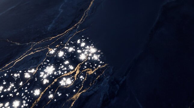 Dark Marble Texture with Glowing Gold Veins and Crystals
