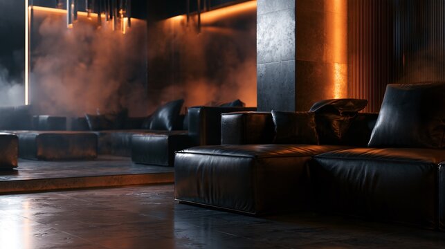 A contemporary black and orange Halloween background showing a modern lounge with black leather furniture and subtle orange accent lighting, atmospheric haze, polished stone surfaces