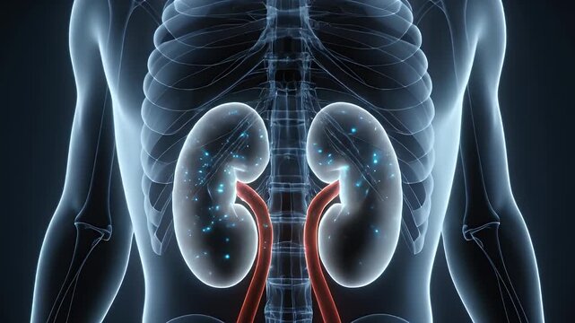 Digital illustration of human kidneys with stones inside the body, medical concept of kidney health and disease