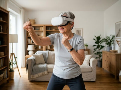 Senior Woman Using Virtual Reality Headset for Fitness Training at Home, Active Elderly Lady Exercising and Boxing in Her Modern Living Room.