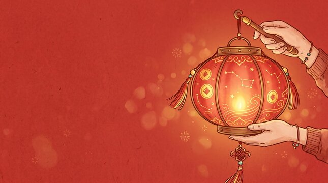 Hands Holding Glowing Chinese Lantern for Lunar New Year