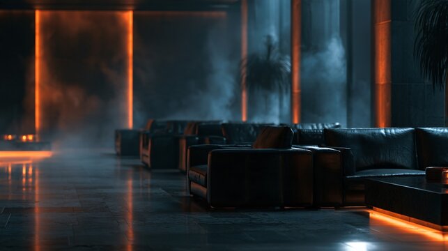 A contemporary black and orange Halloween background showing a modern lounge with black leather furniture and subtle orange accent lighting, atmospheric haze, polished stone surfaces