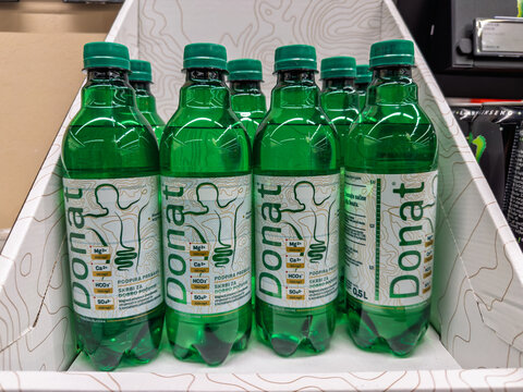 Lubiana, Slovenia- September 9, 2026: Close-up view of Donat mg mineral water green bottles with mineral content label showing magnesium, calcium and sulfate levels, from Rogaska Slatina, Slovenia,