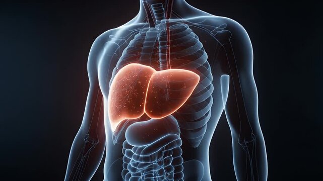 Medical 3D anatomical illustration showing a glowing orange liver inside the human body for health education and science research