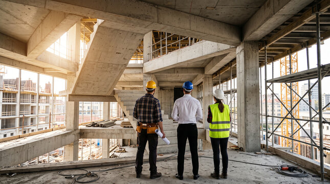 Asian contractor and engineer inspecting material in construction building.