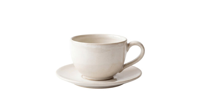 Minimalist ceramic coffee cup with matching saucer, elegant white stoneware tea mug, rustic handcrafted porcelain drinkware for cafe and home kitchen isolated PNG with Transparent Background