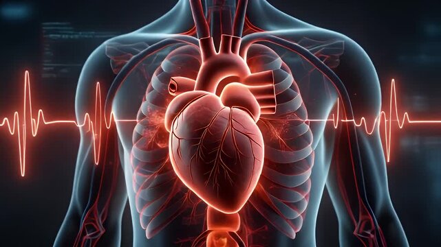 Detailed 3D medical visualization of the human heart and essential cardiovascular system, glowing within a translucent body with an active electrocardiogram, symbolizing health and anatomical study