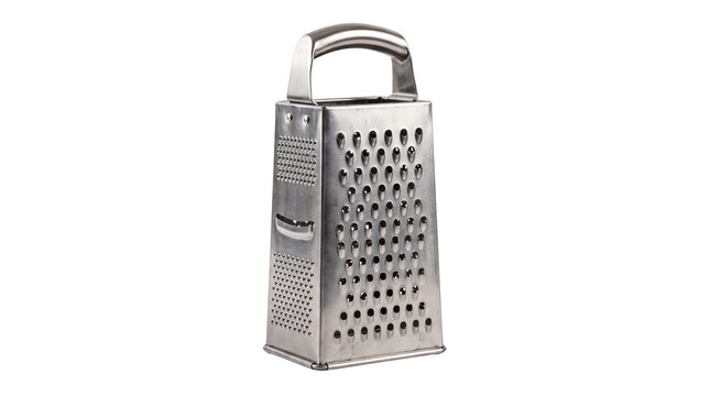 Stainless steel box grater with handle, professional four-sided metal cheese grater, manual kitchen tool for food preparation and shredding isolated PNG with Transparent Background