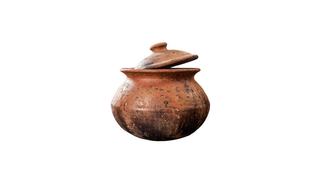 Rustic terracotta clay pot with lid, traditional handmade earthenware cooking vessel, vintage brown ceramic pottery for ethnic kitchen decor isolated PNG with Transparent Background