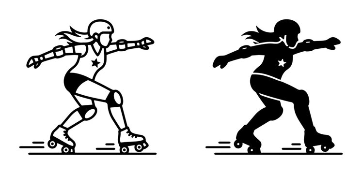 Roller Derby Woman Vector Icon Set, Line Art and Silhouette, Action Sport Female Athlete Illustration for Graphic Design