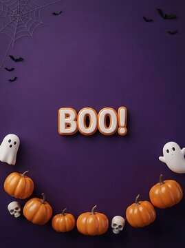 Animated boo text on purple backdrop with cute ghosts and pumpkins for halloween greeting card design.