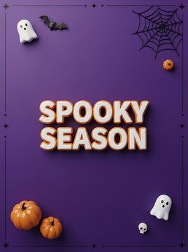 Minimal Halloween poster with spooky season 3d typography and cute characters on purple background.