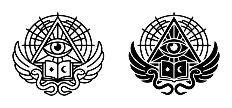 All-Seeing Eye Symbol, Masonic Emblem, Secret Society Icon, Esoteric Knowledge, Mystical Wings, Serpent, Open Book, Celestial Symbols, Vector Art