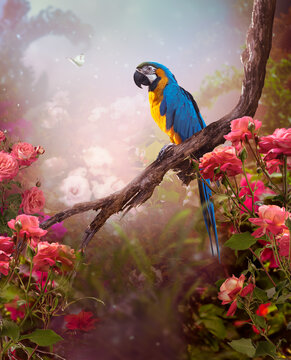 Blue-and-yellow macaw parrot in fantasy tropical jungle forest, blue-and-gold ara ararauna bird sitting on tree branch in rose garden in misty fairy tale rainforest, mysterious nature background.