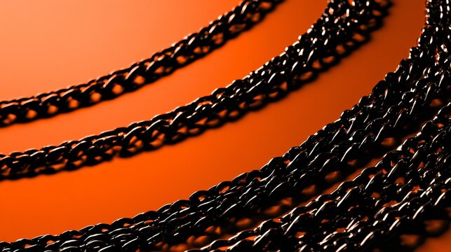 A sophisticated black and orange Halloween background featuring black metallic chains arranged into flowing curves across a glowing orange surface, strong highlights and shadows
