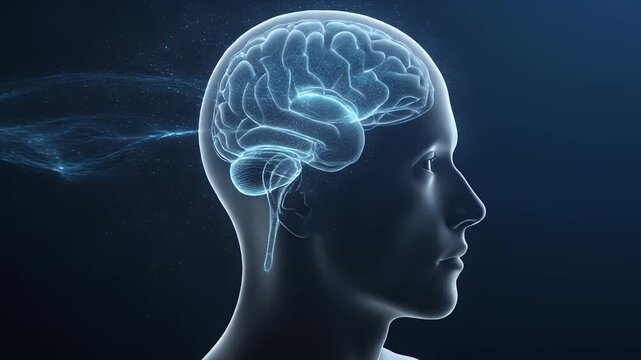 Human brain glowing inside a translucent head profile representing neurology science artificial intelligence and cognitive thinking concept illustration