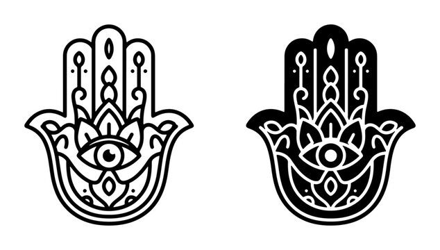 Hamsa Hand Amulet Vector Icons, Evil Eye Protection Symbols, Mystical Talisman Art, Black and White Sacred Geometry Designs