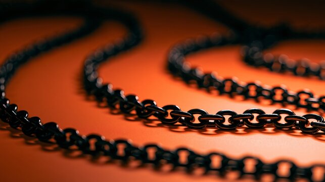 A sophisticated black and orange Halloween background featuring black metallic chains arranged into flowing curves across a glowing orange surface, strong highlights and shadows