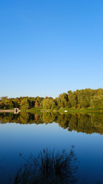 Vertical phone wallpapers. An autumn park with shrubs and trees is reflected in the calm landscape by the lake.