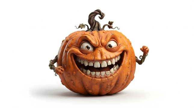 3d render of a mischievous and spooky halloween pumpkin character with a wide, toothy grin and expressive eyes, isolated on white background