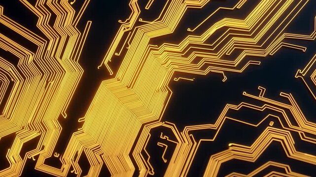 Glowing golden circuit traces spread across dark navy surface, multiplying into dense angular pathways as illuminated lines expand through frame with layered geometric depth