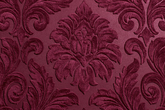Close Up Luxury Burgundy Damask Floral Patterned Fabric