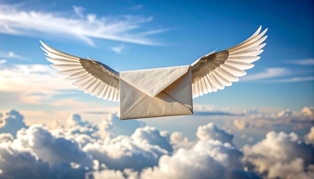 Letter with dove wings flying through the sky and clouds