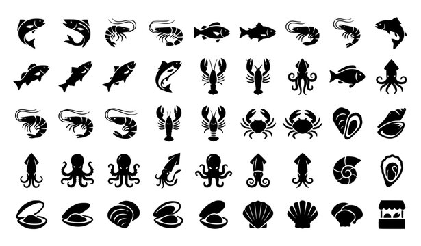 Marine Seafood Fish Shrimp Lobster Crab and Shellfish Silhouette Vector Set