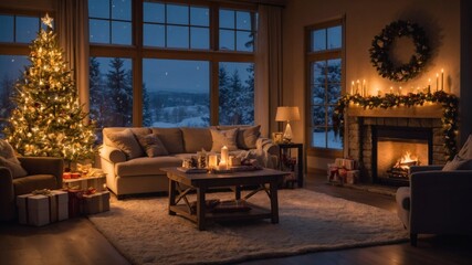 Fototapeta premium Cozy Winter Evening in a Living Room With a Decorated Christmas Tree and Fireplace