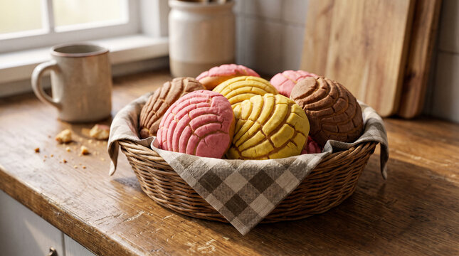 Pan dulce conchas in a woven basket on a rustic kitchen counter