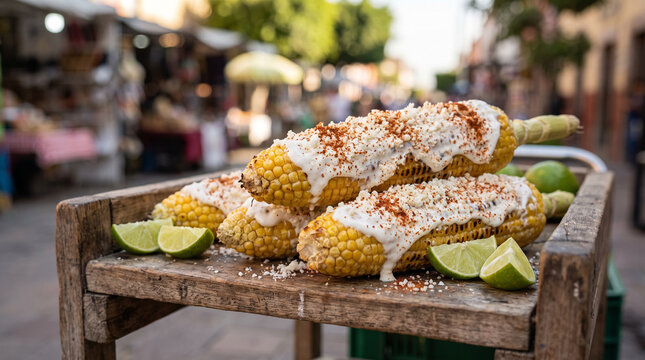 Grilled elote street corn topped with crema and cotija cheese on a wooden market cart