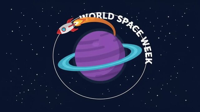 Rocket ship orbiting purple planet with World Space Week text animatio