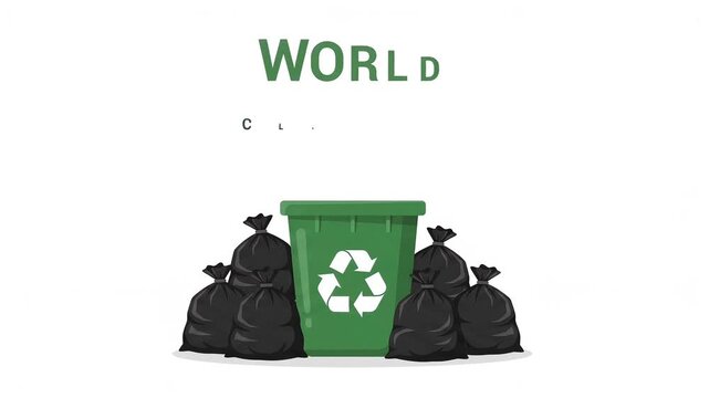 Trash bags falling and filling up a green recycling bin animation