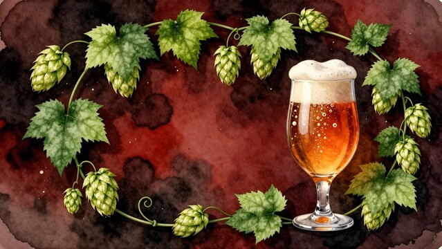Glass of beer surrounded by hop vine frame watercolor illustration