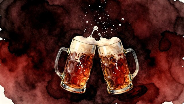 Two clinking beer mugs with splashing foam watercolor illustration