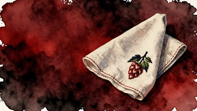 Embroidered linen napkin with hop cone on dark red watercolor background illustration