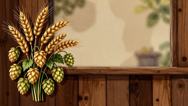 Wheat ears and hop cones on rustic wooden background illustration