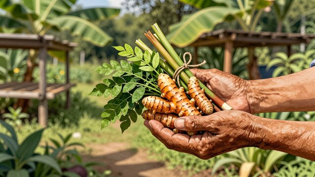 Close up of Asian farmer hands holding fresh turmeric roots and herbs in a garden