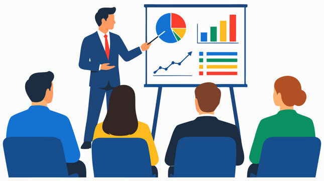 Businessman presenting charts graphs and analytics on whiteboard to seated employees in modern corporate office bold flat vector illustration infographic style - detailed commercial stock imagery
