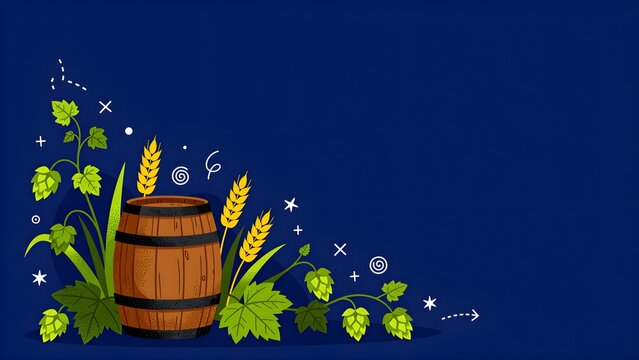 Wooden barrel with hops and wheat on a dark blue background illustration