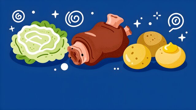 Pork knuckle with cabbage and potatoes on a blue background illustration