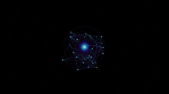 Abstract Quantum AI Core Glowing Cyan Energy Center Rotating Plexus Neural Network Nodes Cyber Technology Remotion Code Generated Motion Graphics Loop 4K HD Video Asset