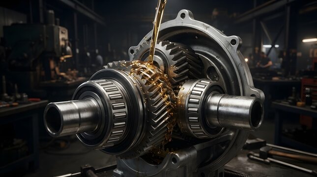 Torque converter gear assembly being lubricated with oil in a professional automotive machine shop