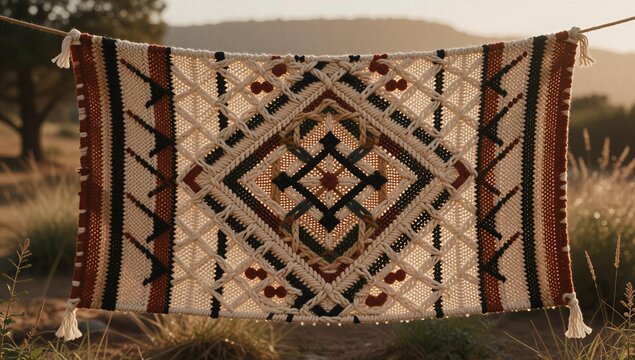 Indigenous Inspired Textile Weave with Geometric Texture and Subtle Moisture Droplets on Hanging Fabric Showing Natural Medium Wide Composition Scene
