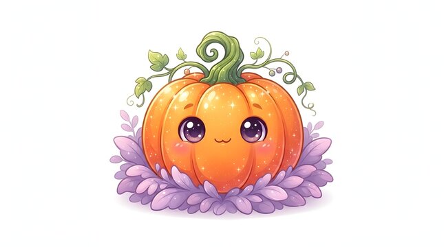 Cute cartoon pumpkin character with sparkling eyes and rosy cheeks surrounded by purple leaves, isolated on white background