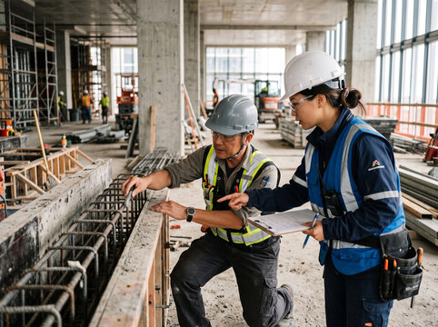 Asian contractor and engineer inspecting building materials at a construction site, checking quality and discussing specifications during a professional project inspection.