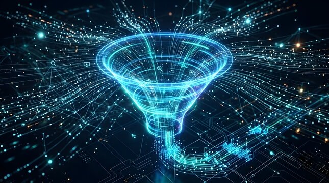 Futuristic funnel graphic with cosmic network background