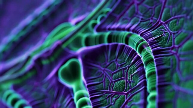 Glowing purple and green biomorphic forms drift across a macro abstract scene, revealing layered curved membranes, branching vein patterns, luminous edges, and soft depth