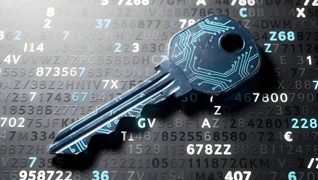 Digital encryption key on advanced circuit board with floating numbers, cybersecurity protection concept, cryptography technology and secure data access visualization